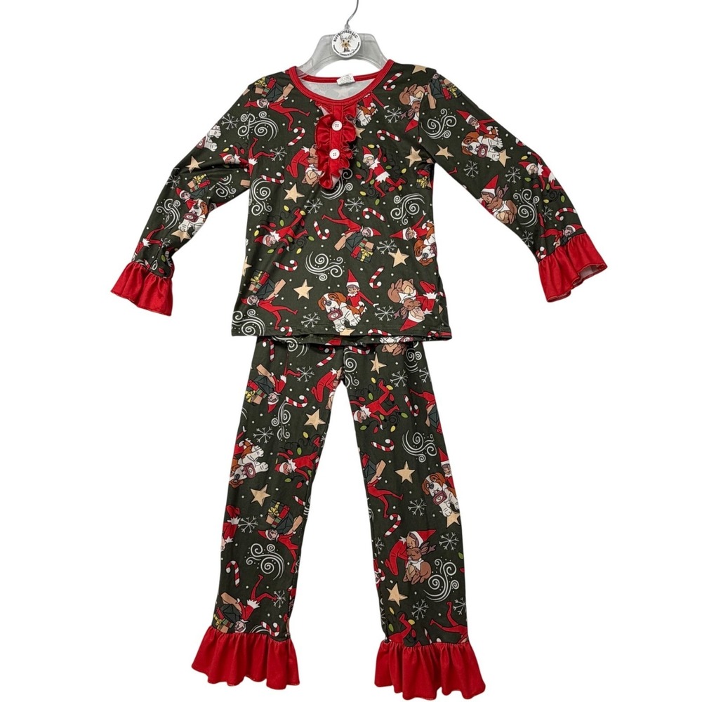 Kids Christmas‎ Elf Pajama Set Long Sleeve Pants Ruffle Red Green 3XL 7-8T